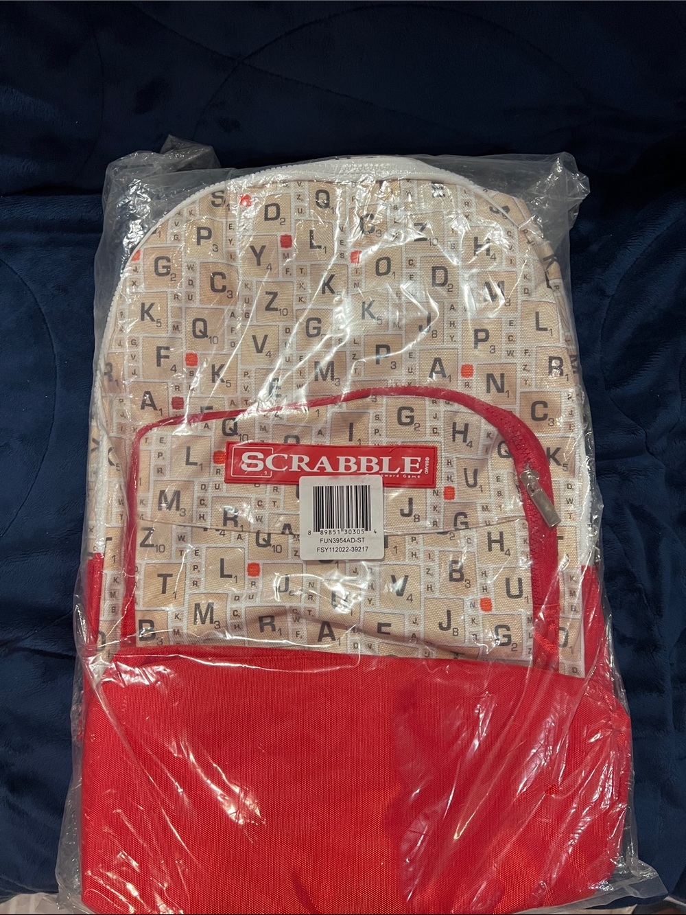 Scrabble Letter Tile Backpack in Beige and Red- new in bag